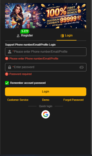 Play7778 Game login interface